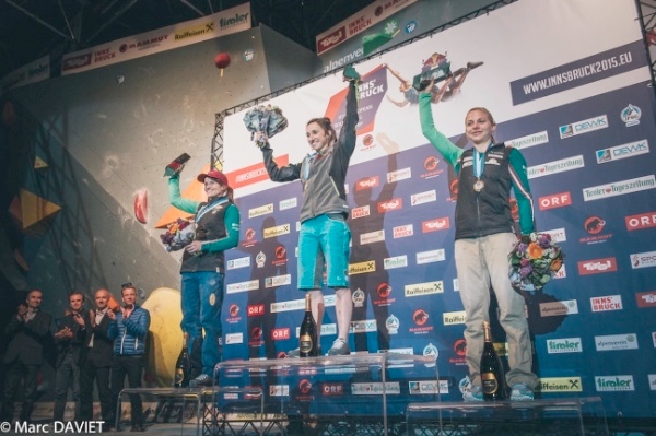 European Championship (B) 2015. Foto: Marc Daviet. Podio femminile, Innsbruck. Fonte: www.ifsc-climbing.org