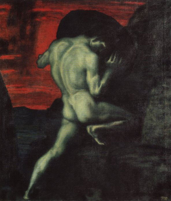 Sisyphus, di Franz von Stuck (fonte: Wikipedia) - Sísifo pure vidi che pene atroci soffriva una rupe gigante reggendo con entrambe le braccia. Ma quando già stava per superare la cima, allora lo travolgeva una forza violenta di nuovo al piano rotolando cadeva la rupe maligna. (Omero, Odissea, libro XI, versi 593-598 trad.: R. Calzecchi Onesti)