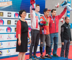 Podio Speed uomini a Wujiang 2016. Foto: Eddie Fowke/IFSC