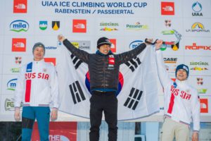 Coppa del Mondo Arrampicata su Ghiaccio 2017, Corvara: podio Lead Uomini. Fonte: press evento